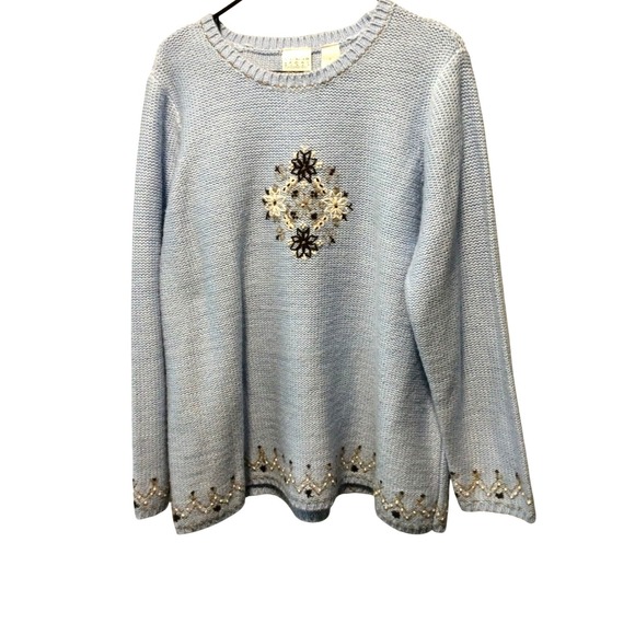 villager Sweaters - Villager Sport Embroidered Knit Sweater Blue Floral Accent Beads Womens